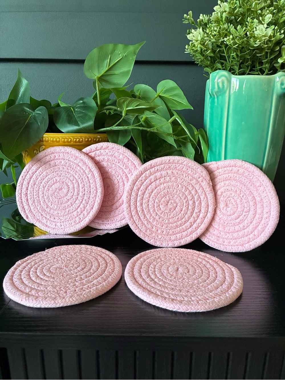 Set of 6 Pink Woven Drink Coasters - Cottagecore Decor